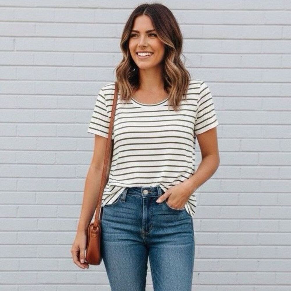 WANTABLE Striped High Low Tee Olive Green Navy Blue Crew Neck Top Size Medium